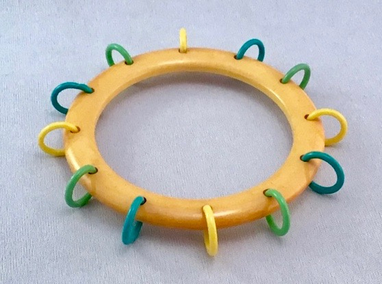 BB149 bakelite tambourine bangle in teal, green, yellow